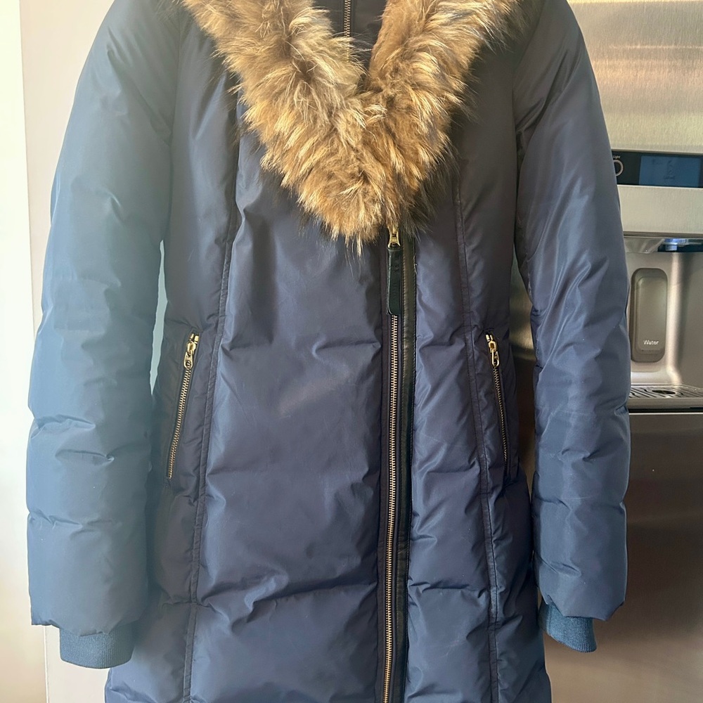 Authentic Mackage Navy Blue Puffer Coat with Signature Fur Trim - like New